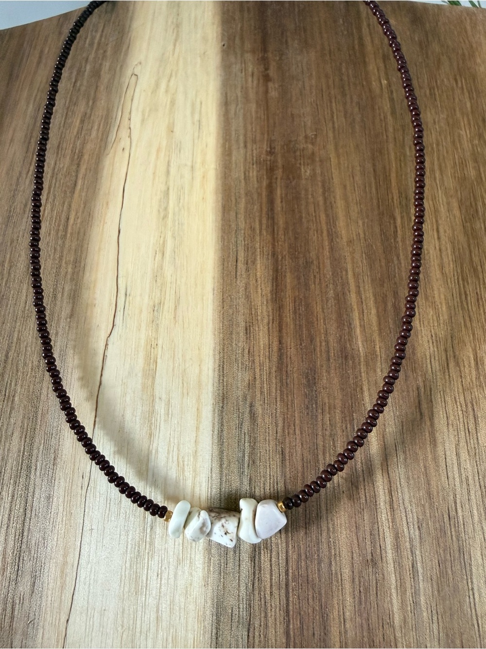 Handmade Brown Beaded Necklace with White Stone Accents